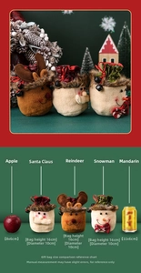 Size chart for plush Christmas gift bags featuring Santa, Reindeer and Snowman styles