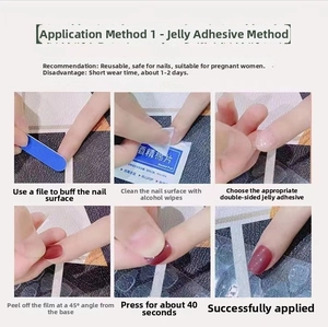 Step-by-step guide showing how to apply press-on nails using adhesive jelly glue tabs