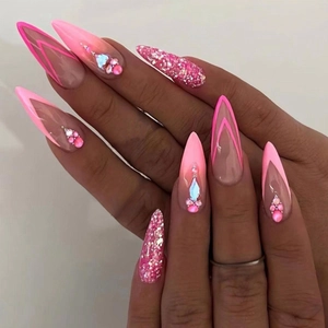Press On Nails Long Stiletto Pink French Glitter Rhinestone False Nail Tips With Jelly Glue For Women Fashion Manicure