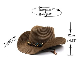 Brown woven cowboy straw hat with ethnic beaded band and adjustable wind rope