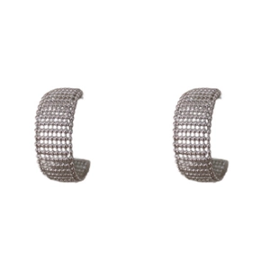 Silver mesh textured C-shaped hoop earrings with a minimalist grid pattern design