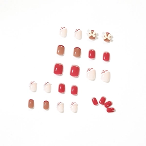 Red and cream leopard print press-on nails set with cute 3D bows and french tips