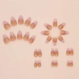 French tip almond press-on nails with 3D line texture in nude pink on solid background