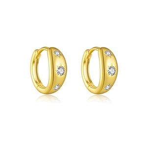 Polished gold S925 silver hoop earrings with three sparkling starburst zircon stones