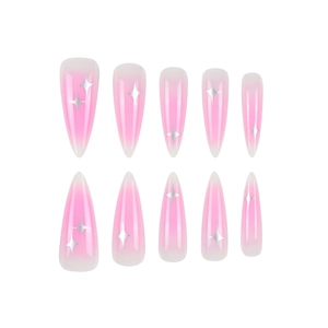 Pink ombré press-on nails with silver star patterns in long stiletto shape