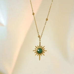 Eight-Pointed Star Octagram Pendant Necklace Stainless Steel 14K Gold Plated African Jade Natural Stone Beaded Chain Women