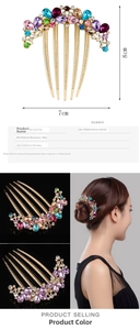Detailed views and size of alloy rhinestone hair comb with elegant vintage design
