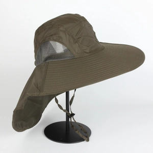 Outdoor sun hat with wide brim, neck flap and breathable mesh in olive green