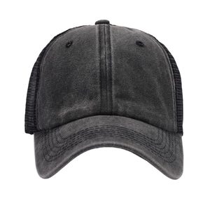 Vintage washed charcoal mesh trucker hat with adjustable snapback and reinforced visor