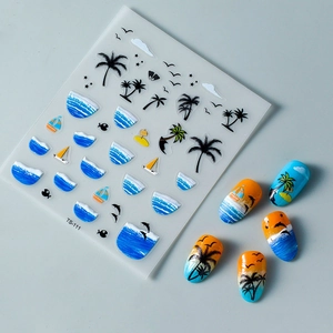 5D embossed tropical beach nail stickers with palm trees and dolphins on blue gradient nails