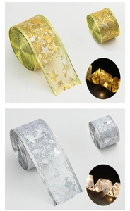 Detail of gold and silver LED mesh ribbons featuring printed stars and music notes