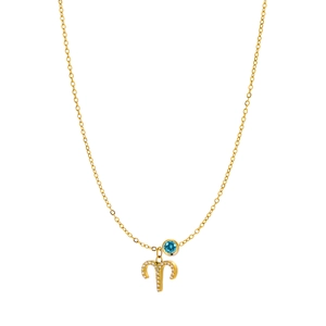 Detail view of gold titanium Aries zodiac pendant featuring a blue birthstone and diamonds
