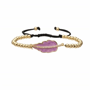 Fashionable gold beaded bracelet with purple feather pendant and adjustable black woven cord