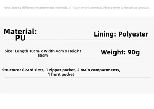 Detailed size and material specs for women's crossbody phone bag including PU fabric and 10x4x18cm size