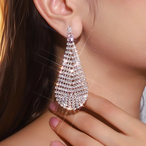 Elegant silver long tassel earrings with sparkling rhinestones for luxury evening parties