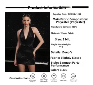Details des schwarzen Paillettenkleids mit V-Ausschnitt, Material und Größen