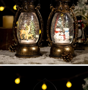 Close-up of vintage bronze Christmas lanterns featuring snowman scenes and warm lighting