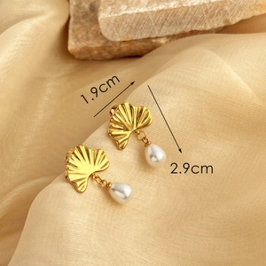 18K gold plated ginkgo leaf earrings with drop pearl, 2.9cm height elegant design