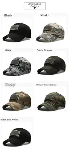 Tactical baseball caps with US flag patches in black, khaki, and various camouflage patterns