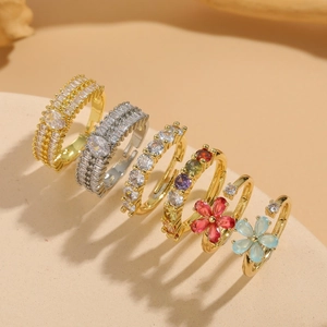 Anello Aperto In Rame Fiore Zirconia Lusso Placcato Oro 14K Regolabile Gioielli Di Moda Geometrici Per Donne