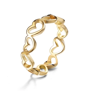Detail of hollow heart-shaped link ring in polished gold-plated stainless steel
