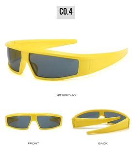 Detailed views of bright yellow Y2K sports sunglasses with wraparound grey lenses