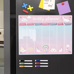 Unicorn weekly planner board on fridge with 6 colored magnetic dry erase markers