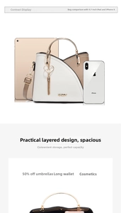 Detail view of large capacity crossbody bag with pearl charm showing interior storage