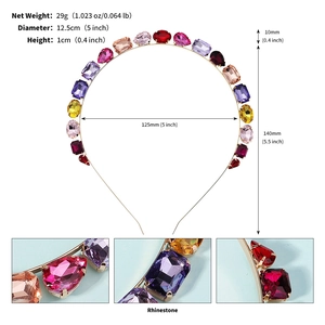 Detailed size measurement view of colorful rhinestone headband with product dimensions