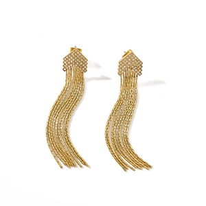 Elegant 18k gold plated stainless steel tassel earrings with sparkling zircon stones