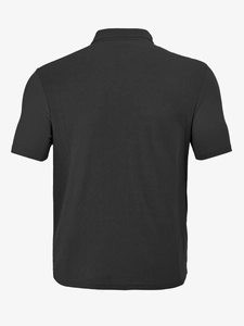 Close-up back view of men's black short-sleeve shirt with textured diamond knit pattern