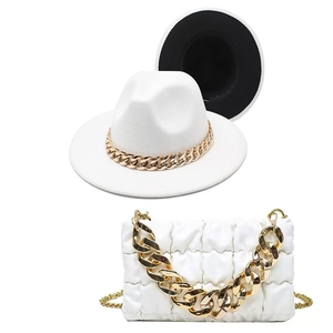 White felt fedora hat and quilted shoulder bag set with chunky gold chain accents