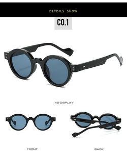 Three-angle view of steampunk round sunglasses with thick temples and wave-shaped tips