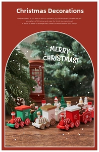 Classic wooden Christmas train set with bear and snowman figurines on festive wood background