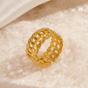 Bague ouverte en acier inoxydable plaqué or 18K avec texture tressée vintage