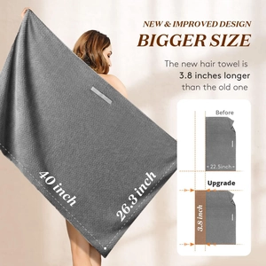 Extra large thick microfiber hair towel wrap in dark grey with detailed size dimensions