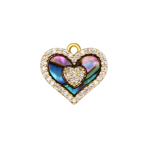 Close-up of heart-shaped pendant with rainbow abalone shell and crystal stones
