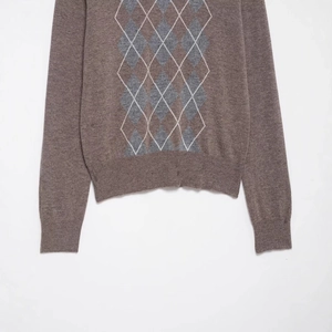Classic argyle pattern wool blend knit sweater in coffee brown and grey tones