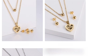 Detail of gold double-layer necklace with heart pendant and matching ball stud earrings