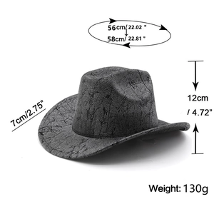 Detailed size chart of vintage cracked texture cowboy hat with dimensions and weight info