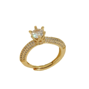 Luxury 14K gold plated wedding ring with six-claw zircon and double row side stones