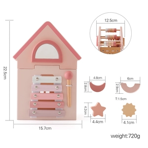 Pink wooden activity house toy with xylophone, mirror, and shape blocks dimensions
