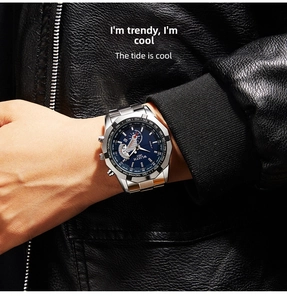 Détail de la montre homme WLISTH avec cadran bleu brossé et bracelet en acier inoxydable