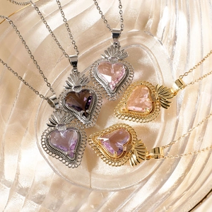 Elegant stainless steel heart pendant necklaces in assorted gemstone colors on satin
