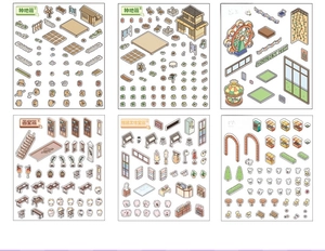 Macro view of 3D isometric amusement park and studio stickers for DIY scrapbooking