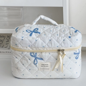 Detail of white quilted cosmetic bag featuring blue polka dots and a blue bow pattern