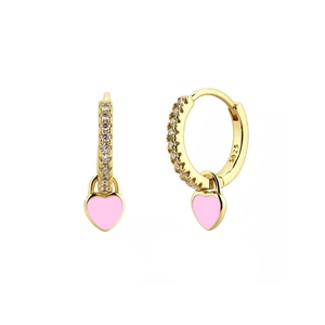 Macro view of S925 sterling silver hoop earrings with pink heart zircon pendant