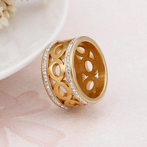 Chic hollow circle stainless steel ring with double row zircon stones in gold finish
