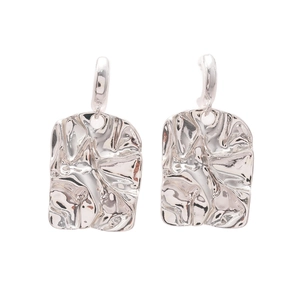 Silver metallic rectangular drop earrings with a unique wrinkled texture and C-shape design