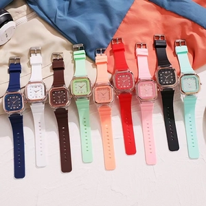 Fashion square quartz watches with colorful silicone straps displayed in a fan arrangement